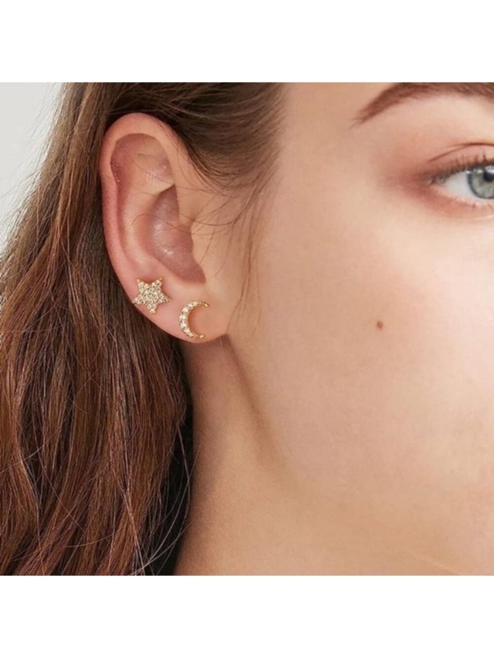 GOLD 14k Gold Plated Moon Star Cubic Zirconia Stud Earrings